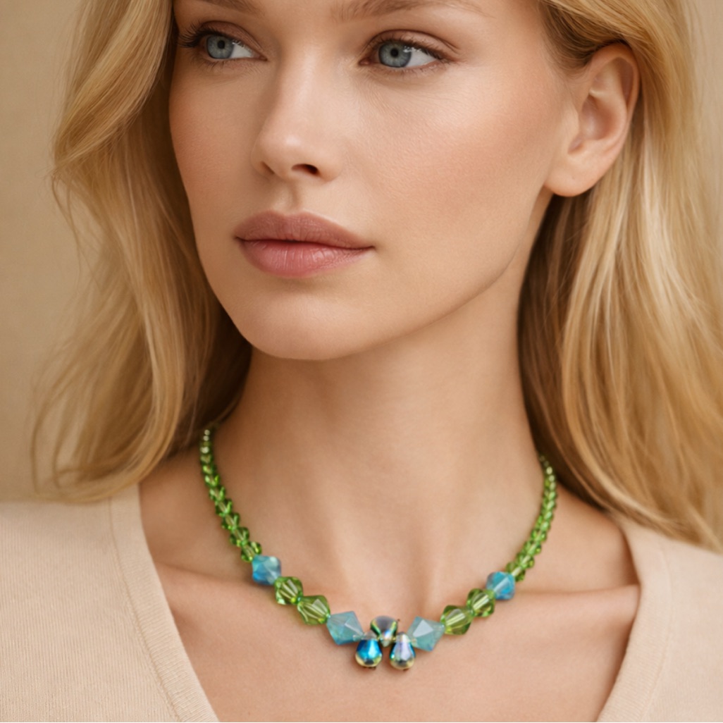 Green Aqua Crystal Beaded Necklace Iridescent Teardrop Pendant Silver Toggle 25$